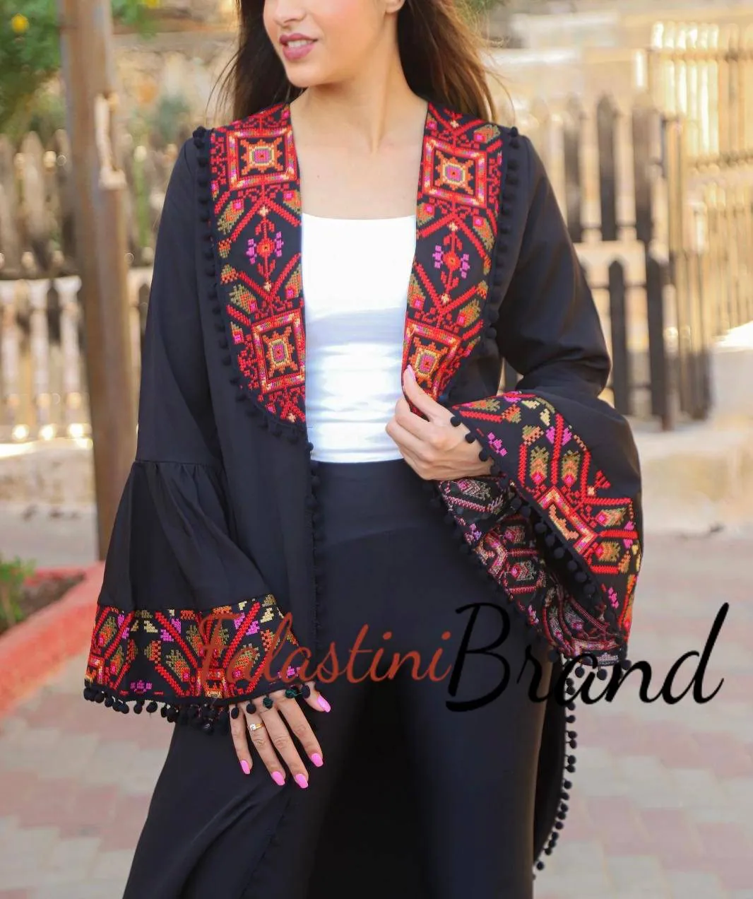 Unique Open Black Abaya with Colored Embroidery and Pom Poms