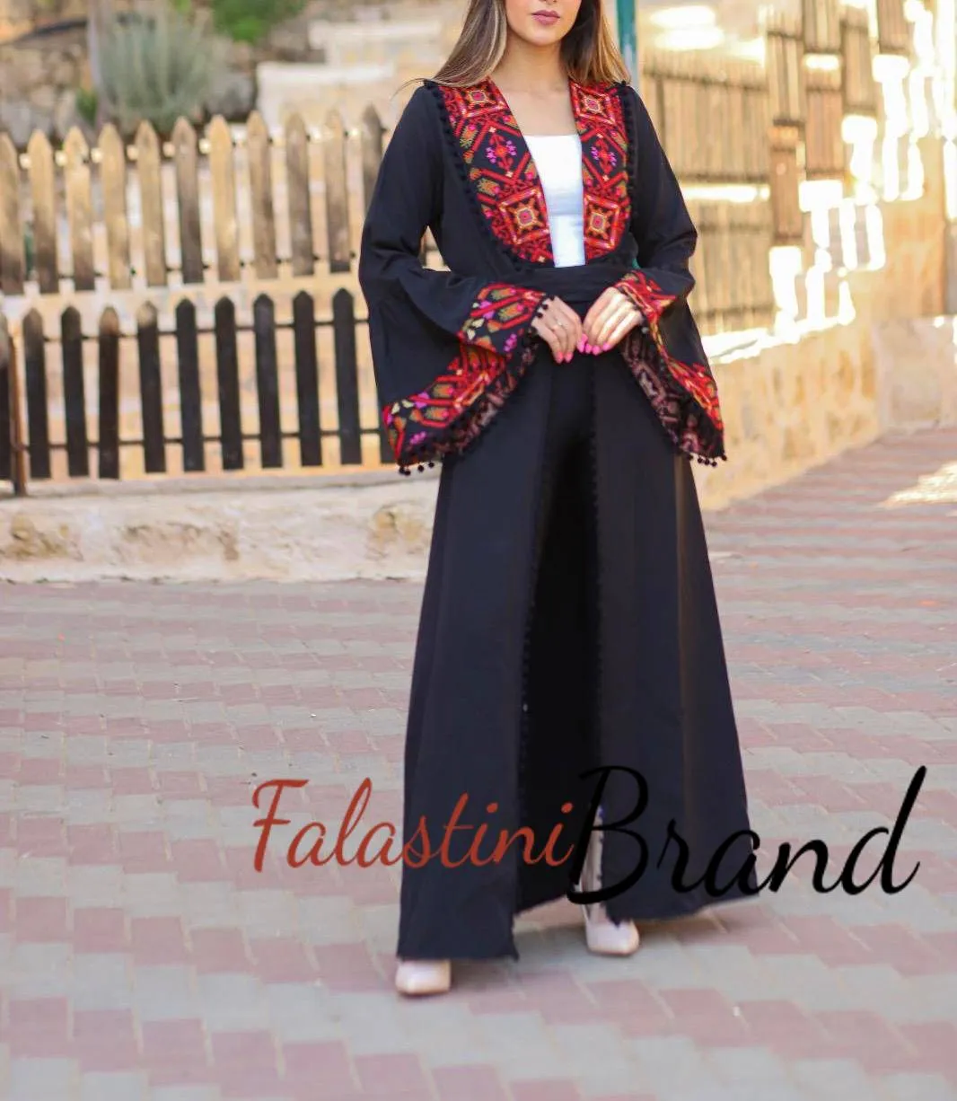 Unique Open Black Abaya with Colored Embroidery and Pom Poms