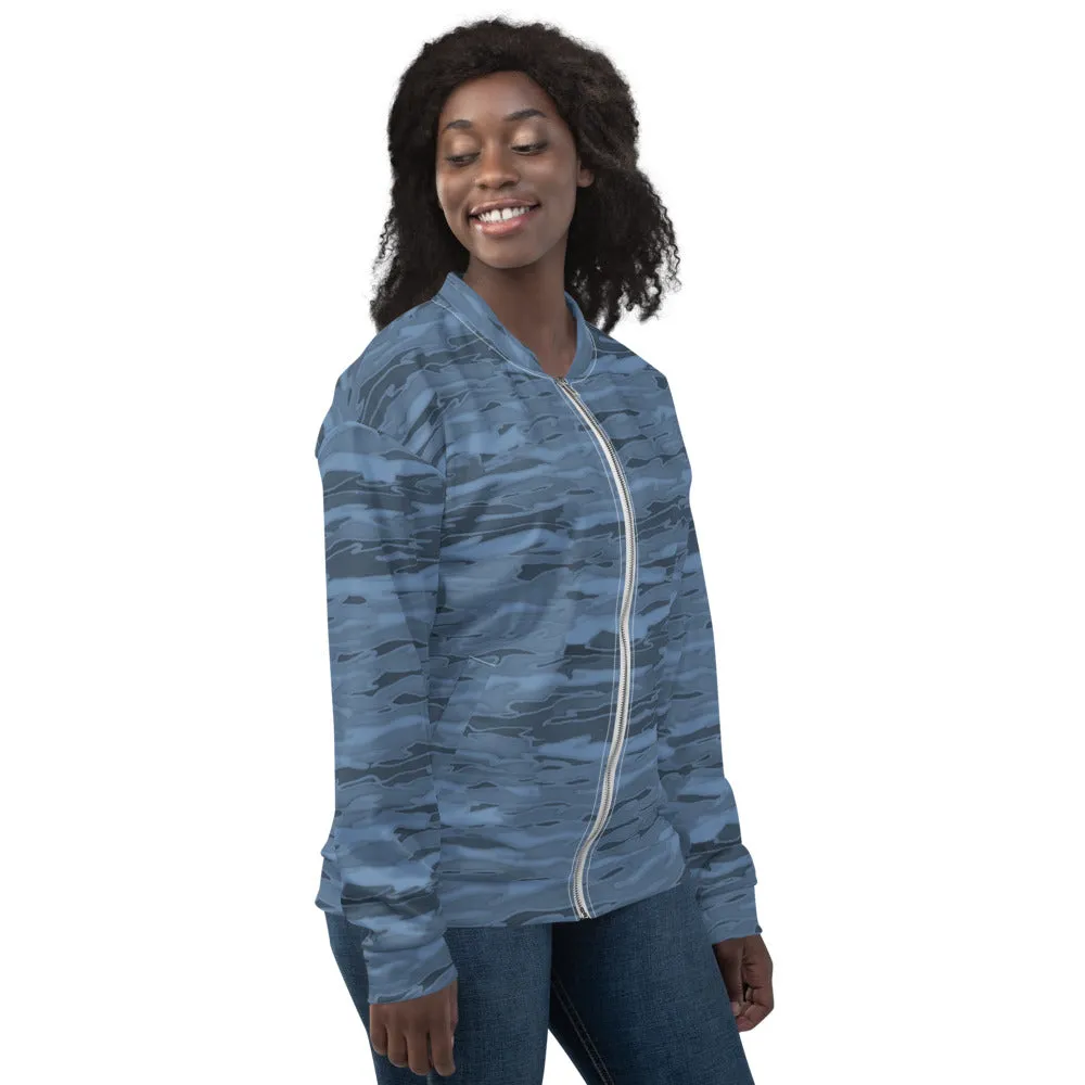 Unisex Bomber Jacket - Steel Blue Camouflage Lava  - Women