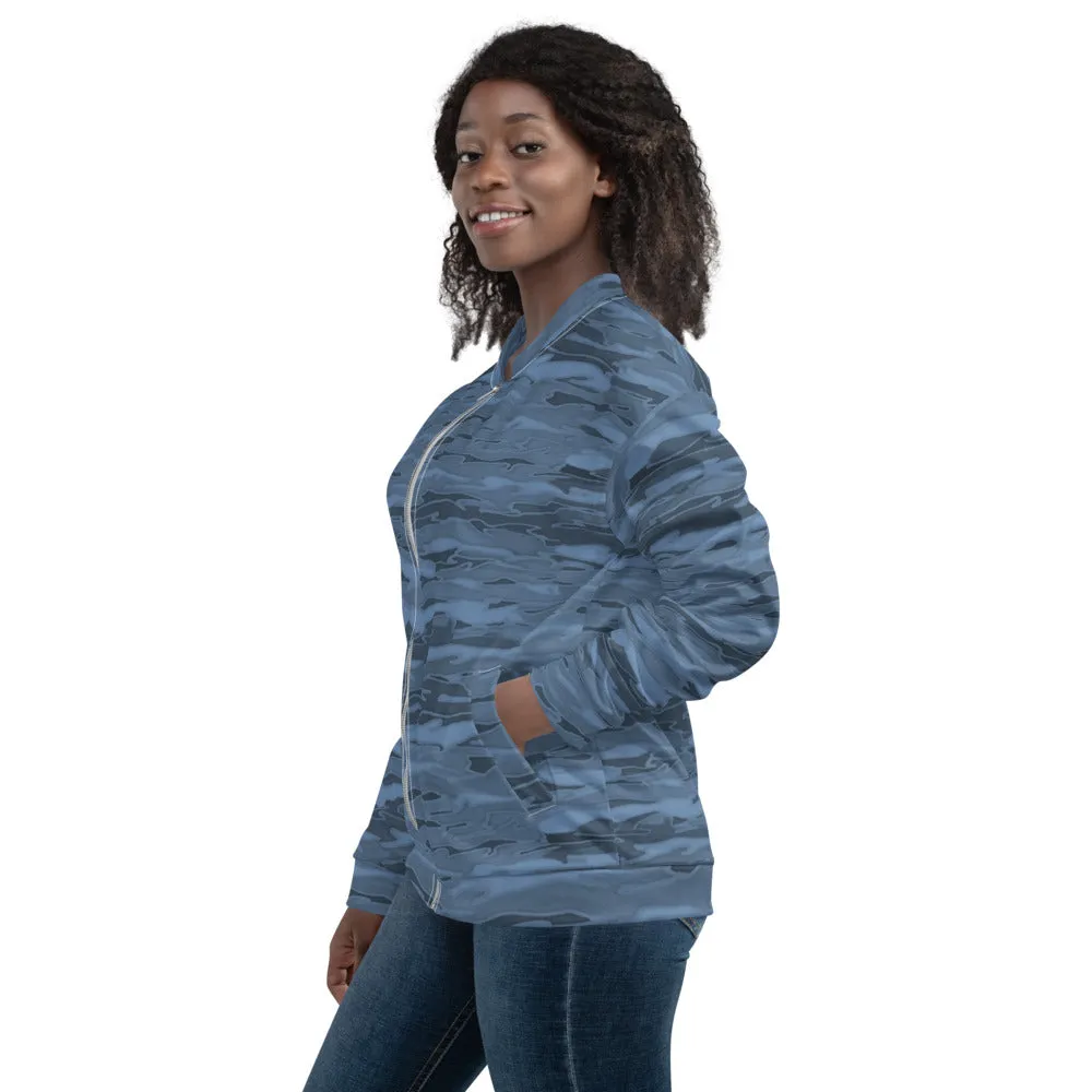 Unisex Bomber Jacket - Steel Blue Camouflage Lava  - Women