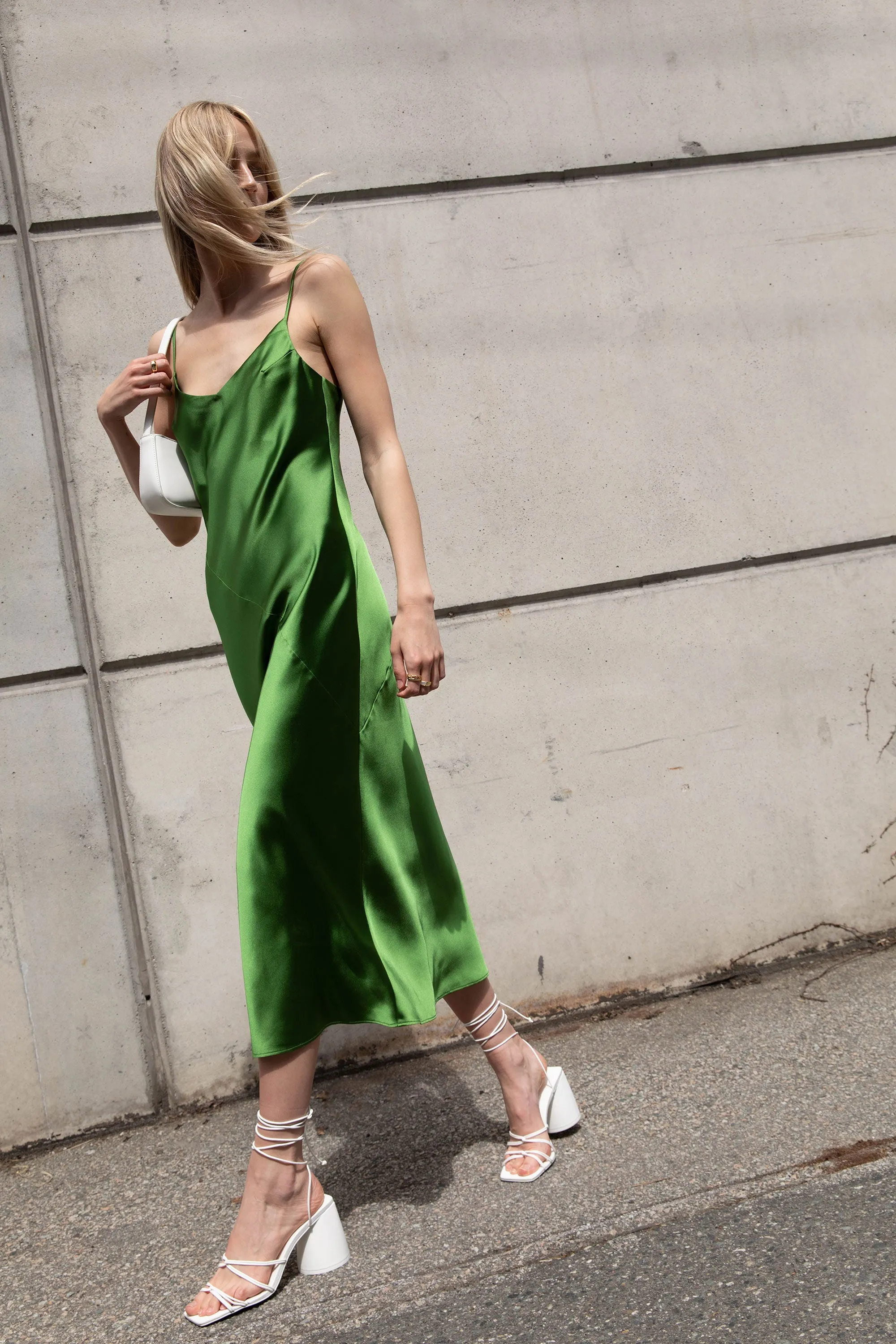 V-NECK SATIN SLIP MIDI DRESS