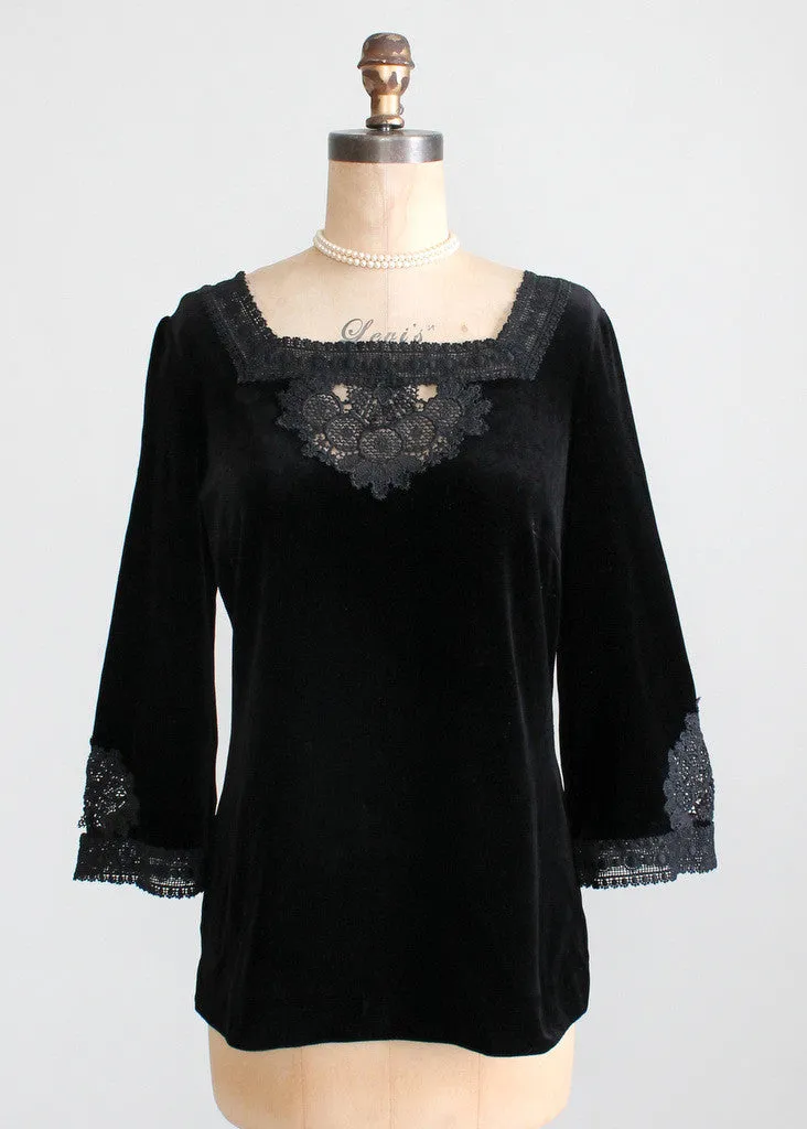 Vintage 1960s MOD Black Velvet and Lace Tunic Top