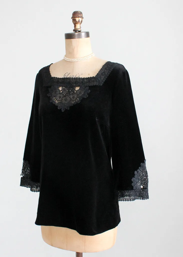 Vintage 1960s MOD Black Velvet and Lace Tunic Top