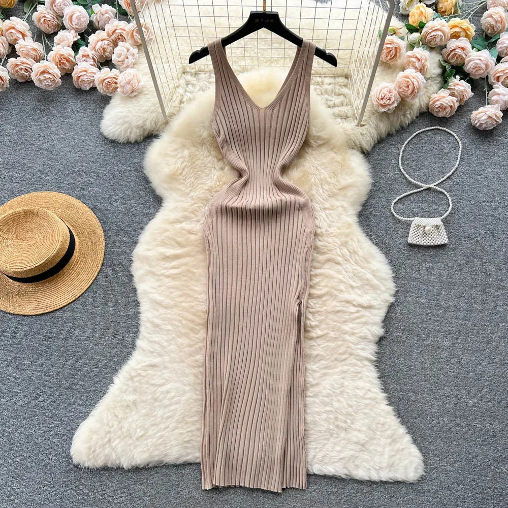 Vintage Knit Knitted Sexy Slip Midi Dress Women Retro Bodycon Wrap Tank Party Split Dresses Autumn Fashion New In