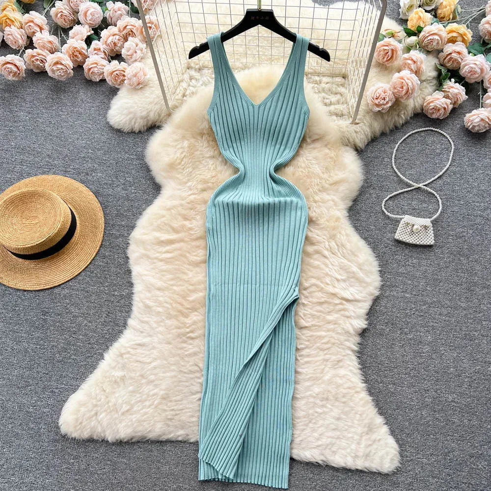 Vintage Knit Knitted Sexy Slip Midi Dress Women Retro Bodycon Wrap Tank Party Split Dresses Autumn Fashion New In