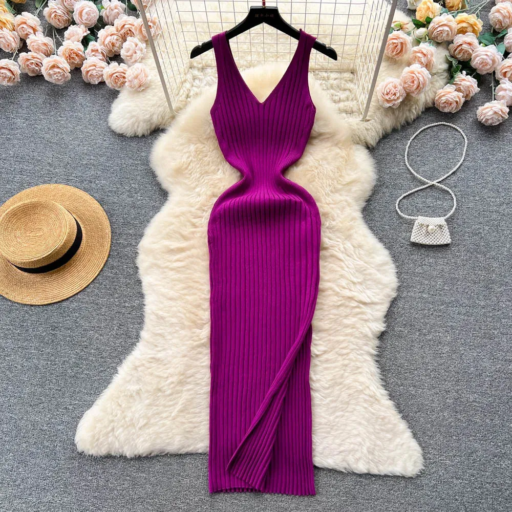 Vintage Knit Knitted Sexy Slip Midi Dress Women Retro Bodycon Wrap Tank Party Split Dresses Autumn Fashion New In