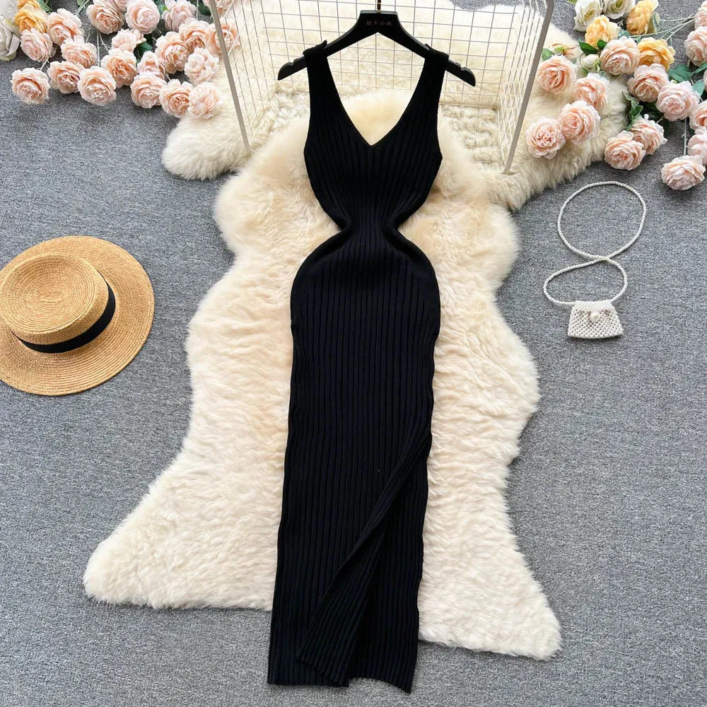 Vintage Knit Knitted Sexy Slip Midi Dress Women Retro Bodycon Wrap Tank Party Split Dresses Autumn Fashion New In