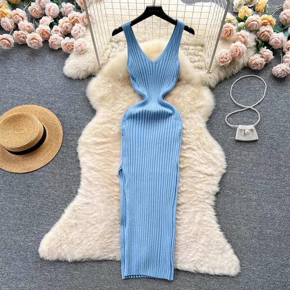 Vintage Knit Knitted Sexy Slip Midi Dress Women Retro Bodycon Wrap Tank Party Split Dresses Autumn Fashion New In