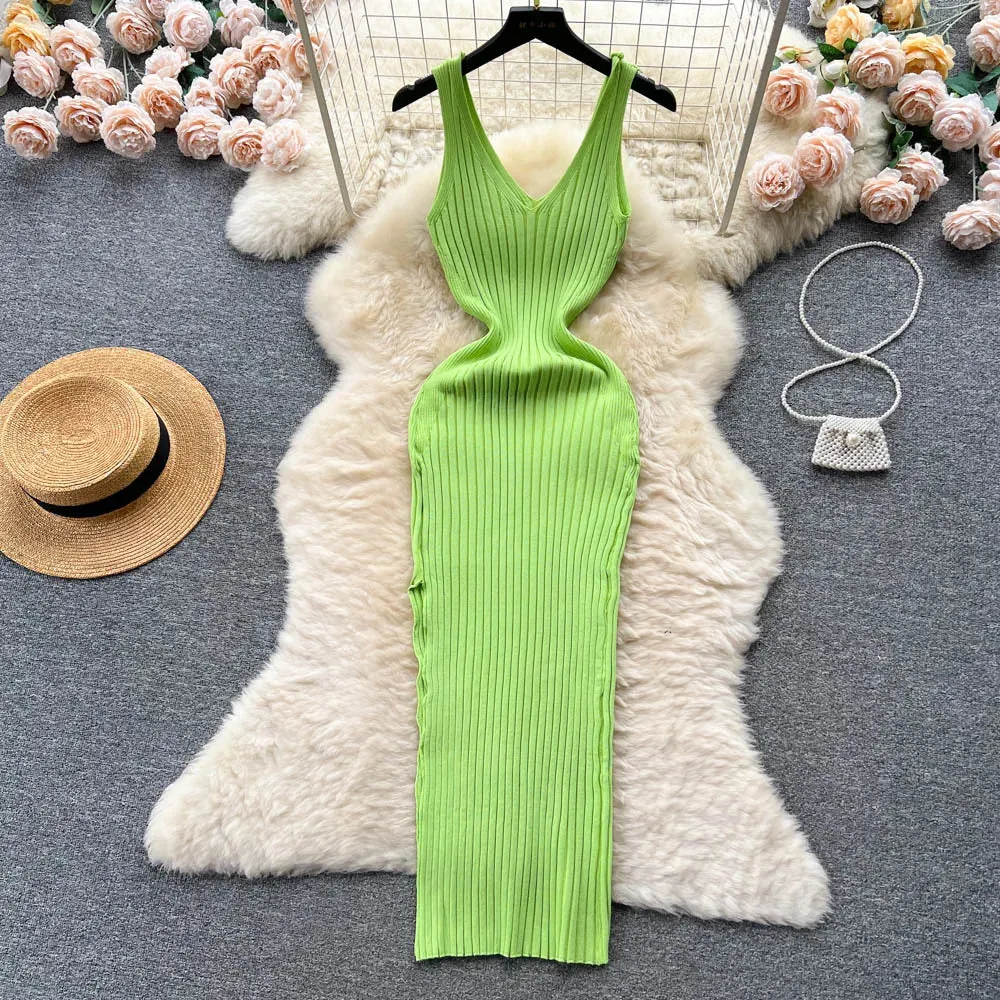 Vintage Knit Knitted Sexy Slip Midi Dress Women Retro Bodycon Wrap Tank Party Split Dresses Autumn Fashion New In