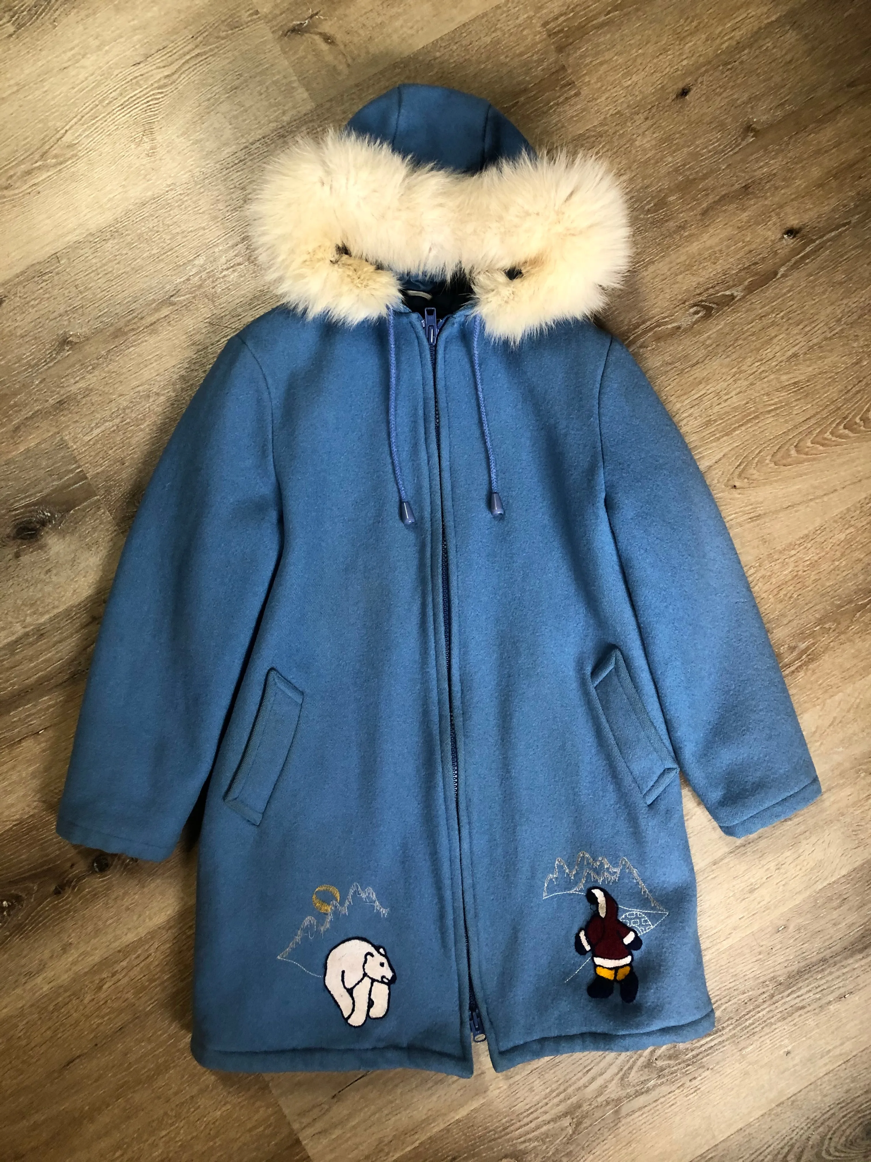 Vintage Northern Sun Light Blue Northern Parka with Arctic life motif, Made in Canada, SOLD