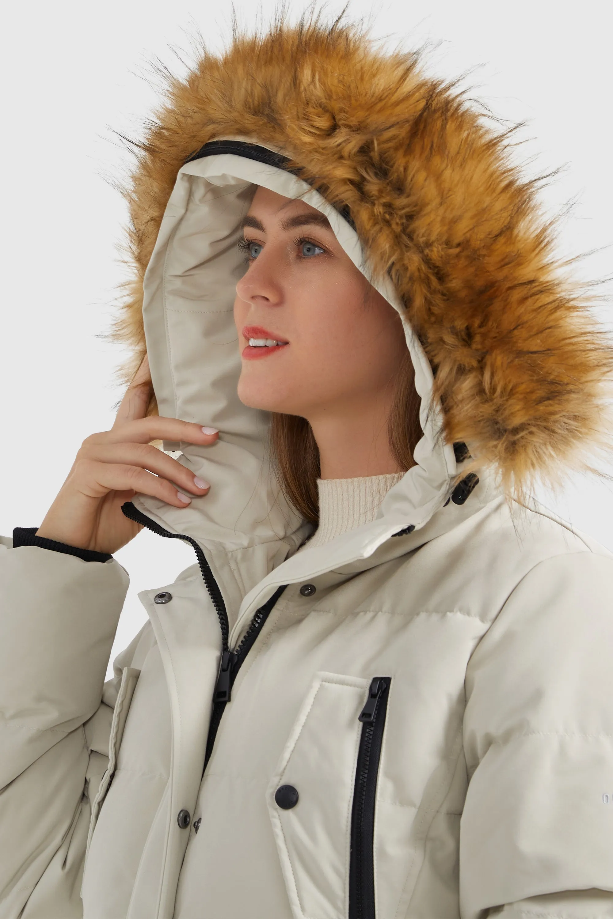 Windproof Puffer Fur Hooded Down Coat