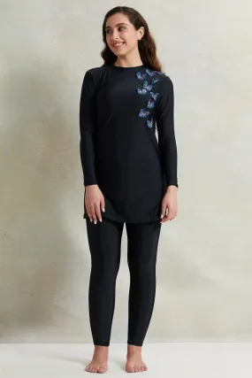 Women Black Butterfly Trim Burkini Set (2 Piece)