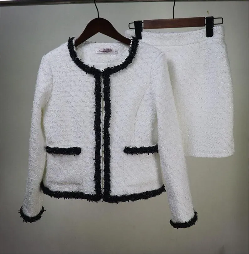 Women Custom Made Classic Black Trim White Tweed Skirt / Shorts Formal Suit