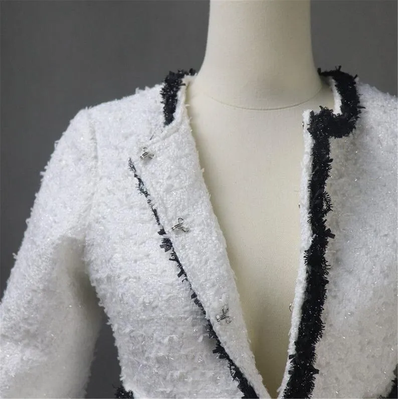 Women Custom Made Classic Black Trim White Tweed Skirt / Shorts Formal Suit