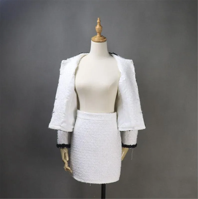 Women Custom Made Classic Black Trim White Tweed Skirt / Shorts Formal Suit