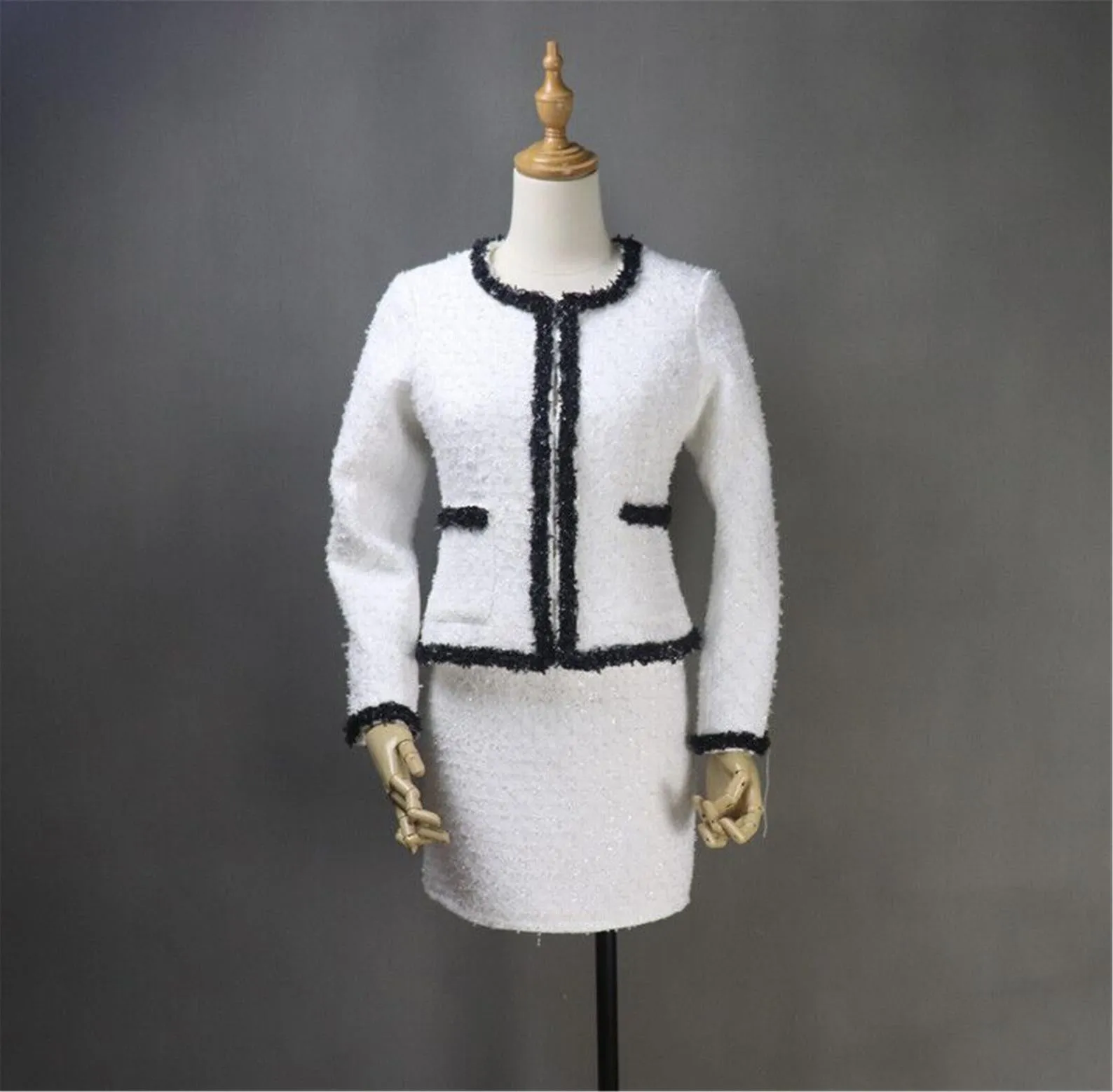 Women Custom Made Classic Black Trim White Tweed Skirt / Shorts Formal Suit