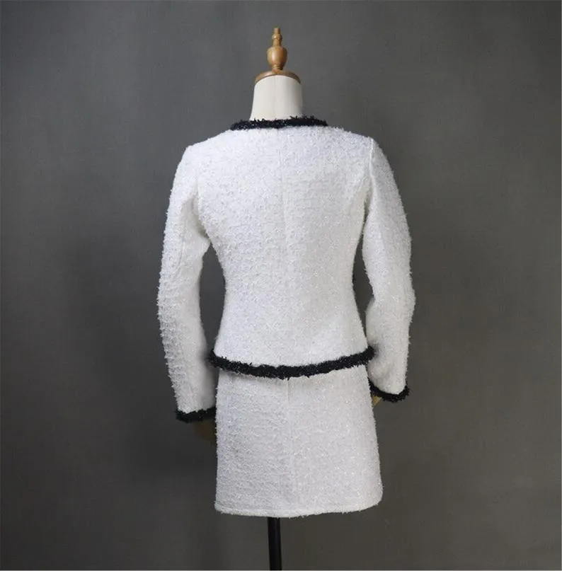 Women Custom Made Classic Black Trim White Tweed Skirt / Shorts Formal Suit