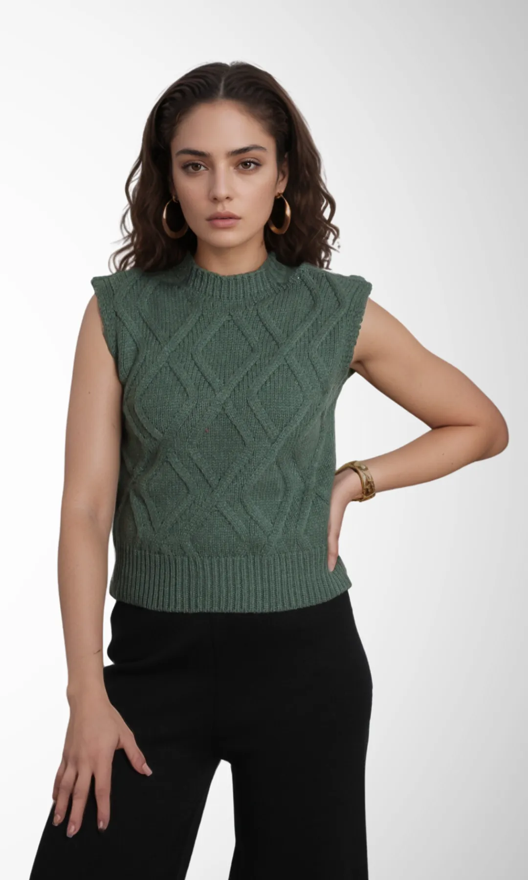 Women Knitted Vest (Oil Green)