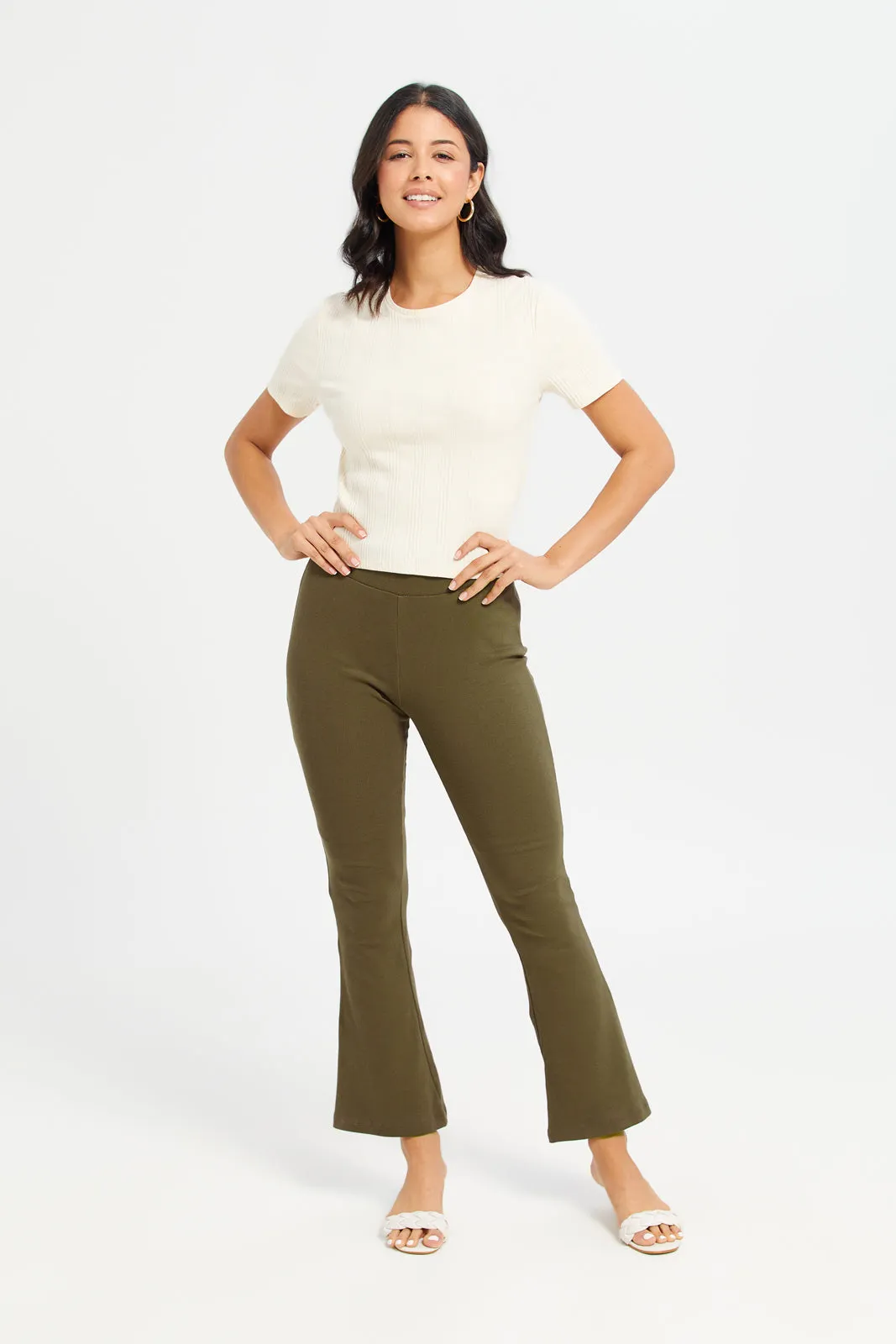 Women Olive Ribbed Flare Leggings