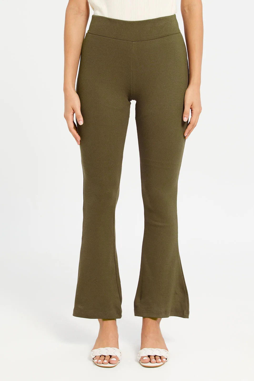 Women Olive Ribbed Flare Leggings