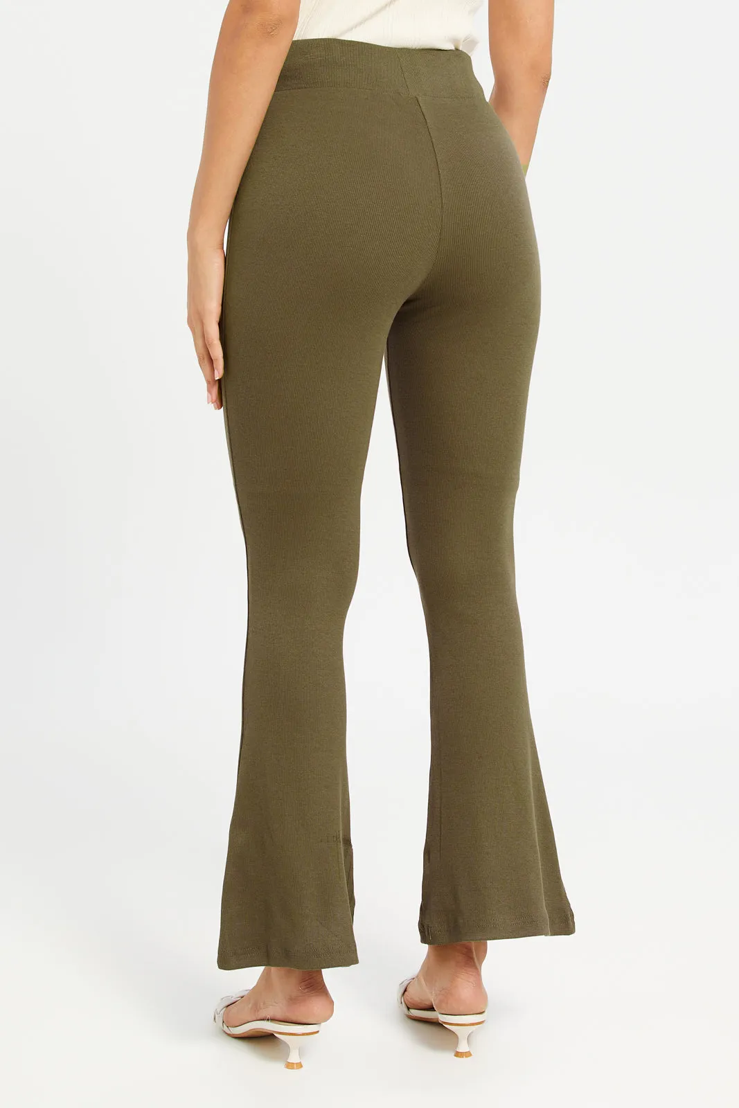 Women Olive Ribbed Flare Leggings