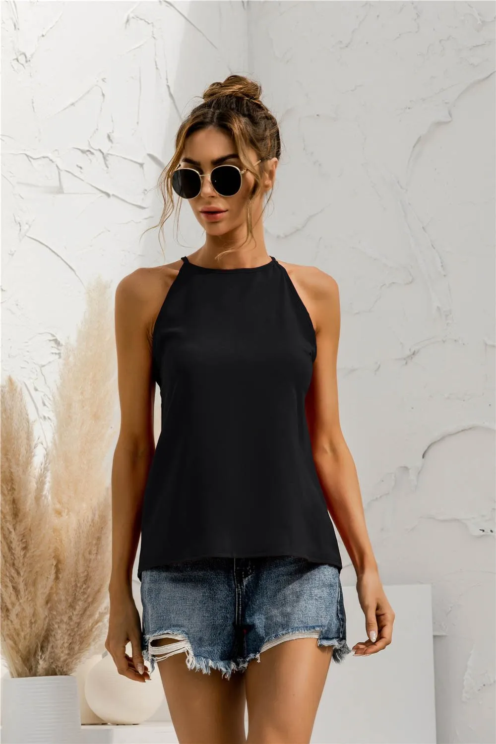 Women Summer T-Shirt Sleeveless Halter Solid Color