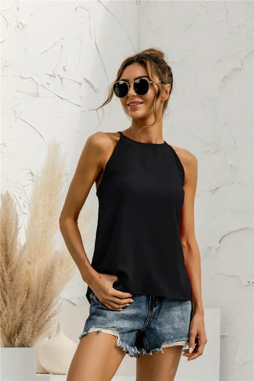 Women Summer T-Shirt Sleeveless Halter Solid Color