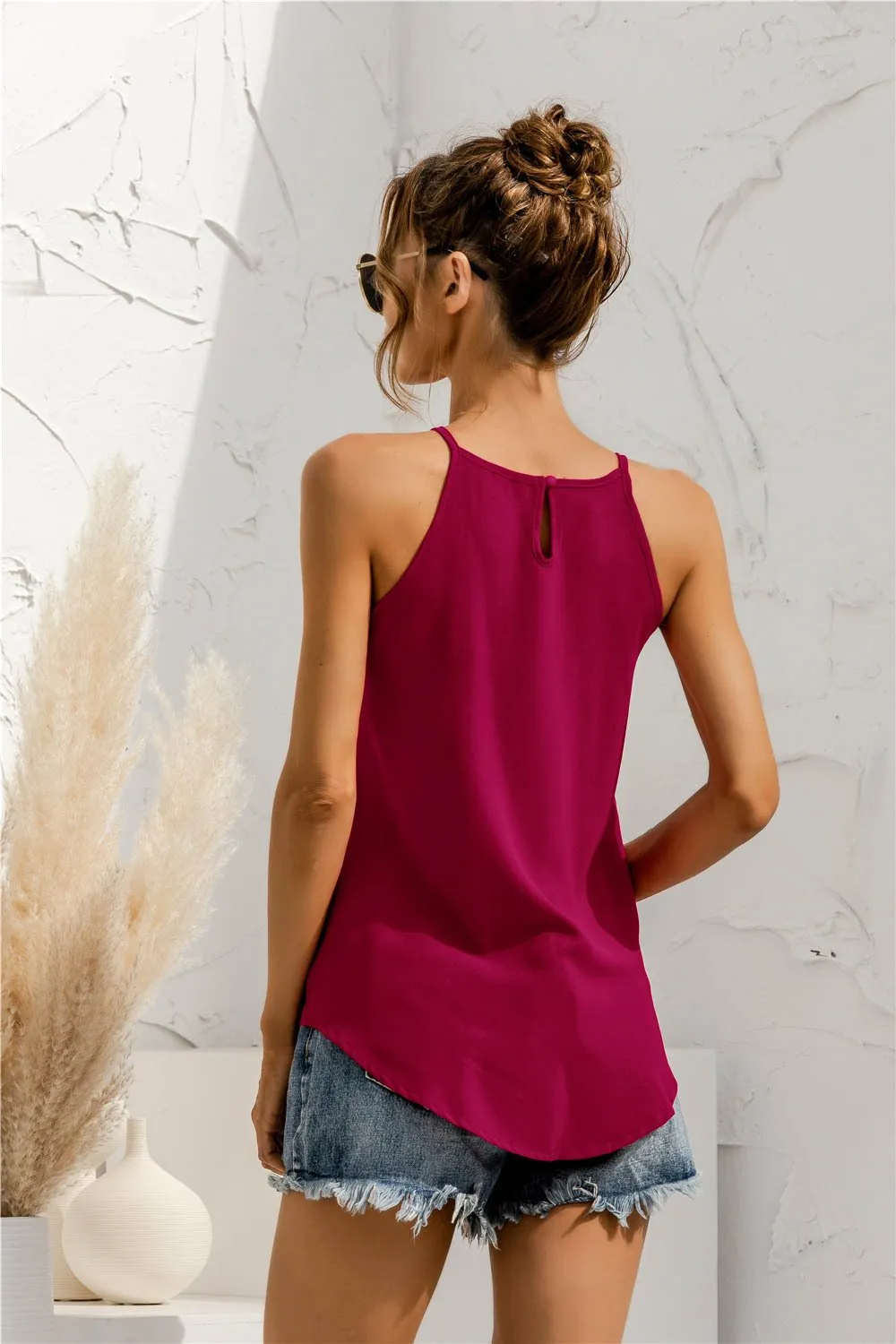 Women Summer T-Shirt Sleeveless Halter Solid Color