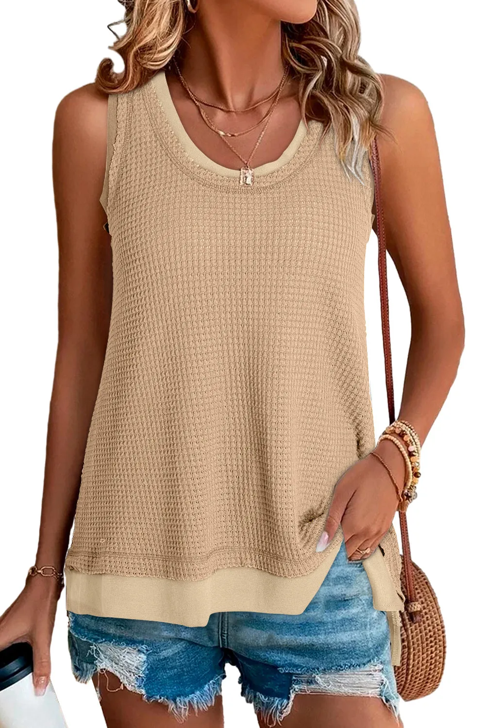 Women Waffle Knit Tank Top Oversized Scoop Neck Sleeveless Tops