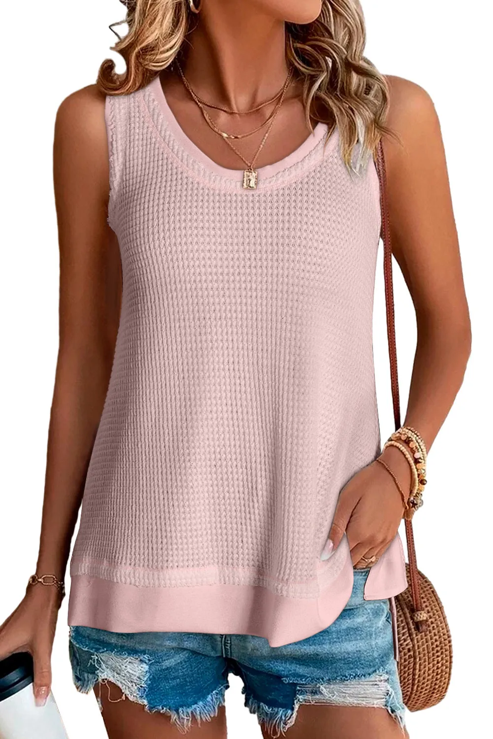 Women Waffle Knit Tank Top Oversized Scoop Neck Sleeveless Tops