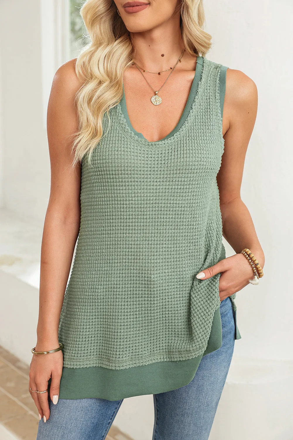 Women Waffle Knit Tank Top Oversized Scoop Neck Sleeveless Tops