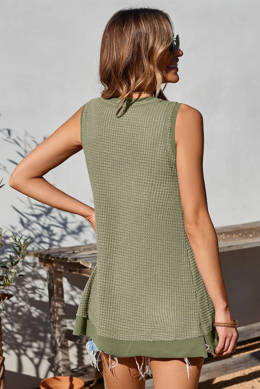 Women Waffle Knit Tank Top Oversized Scoop Neck Sleeveless Tops