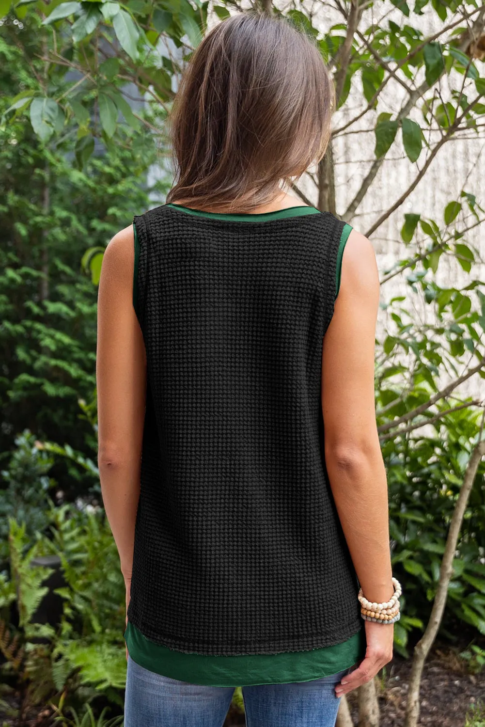 Women Waffle Knit Tank Top Oversized Scoop Neck Sleeveless Tops