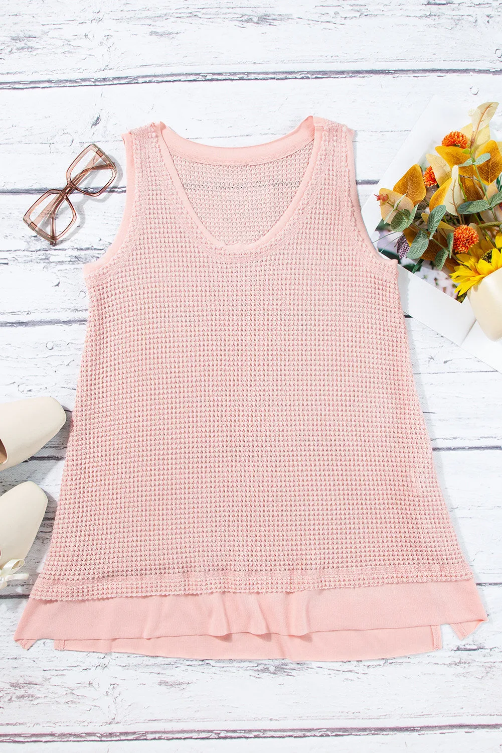 Women Waffle Knit Tank Top Oversized Scoop Neck Sleeveless Tops