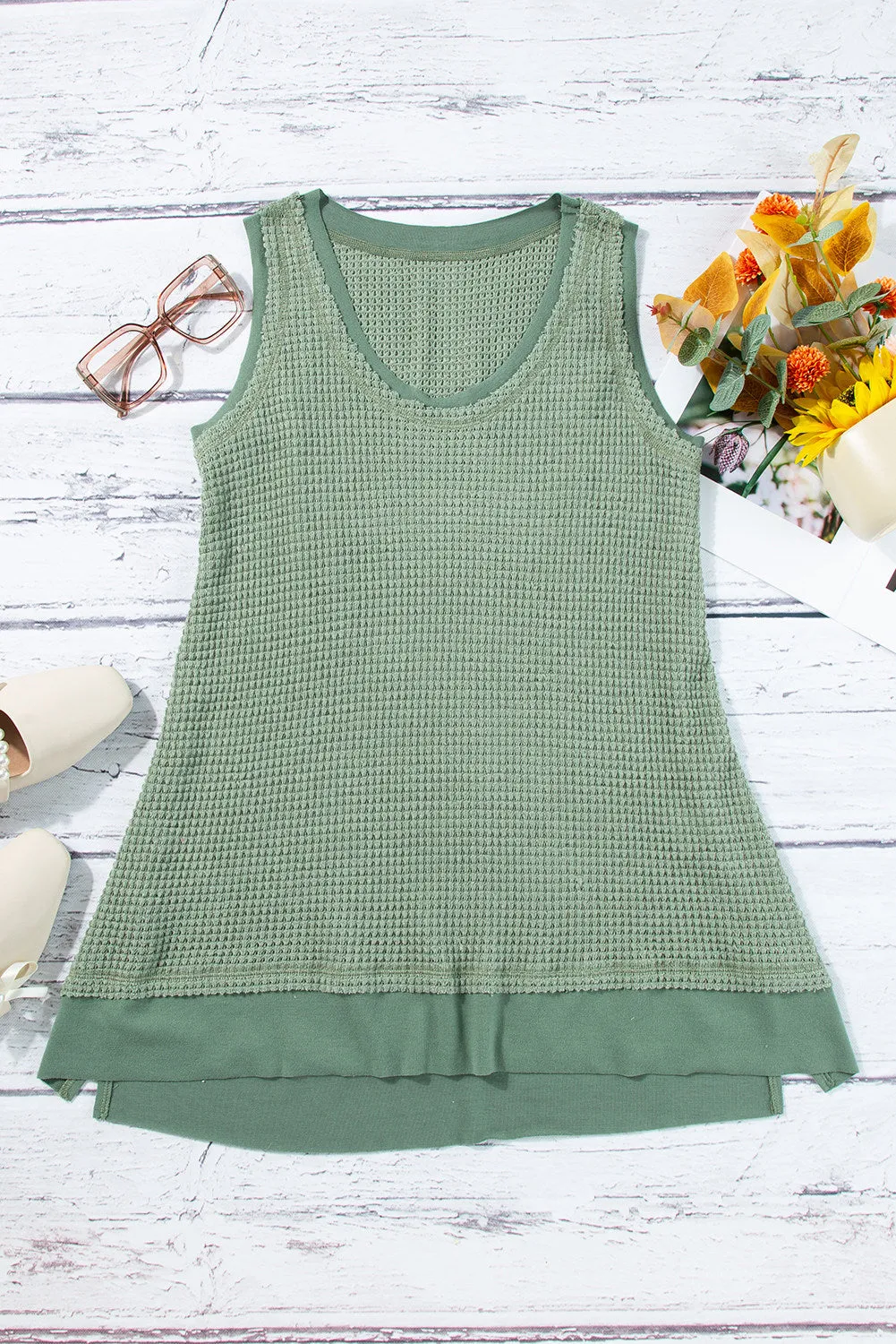 Women Waffle Knit Tank Top Oversized Scoop Neck Sleeveless Tops