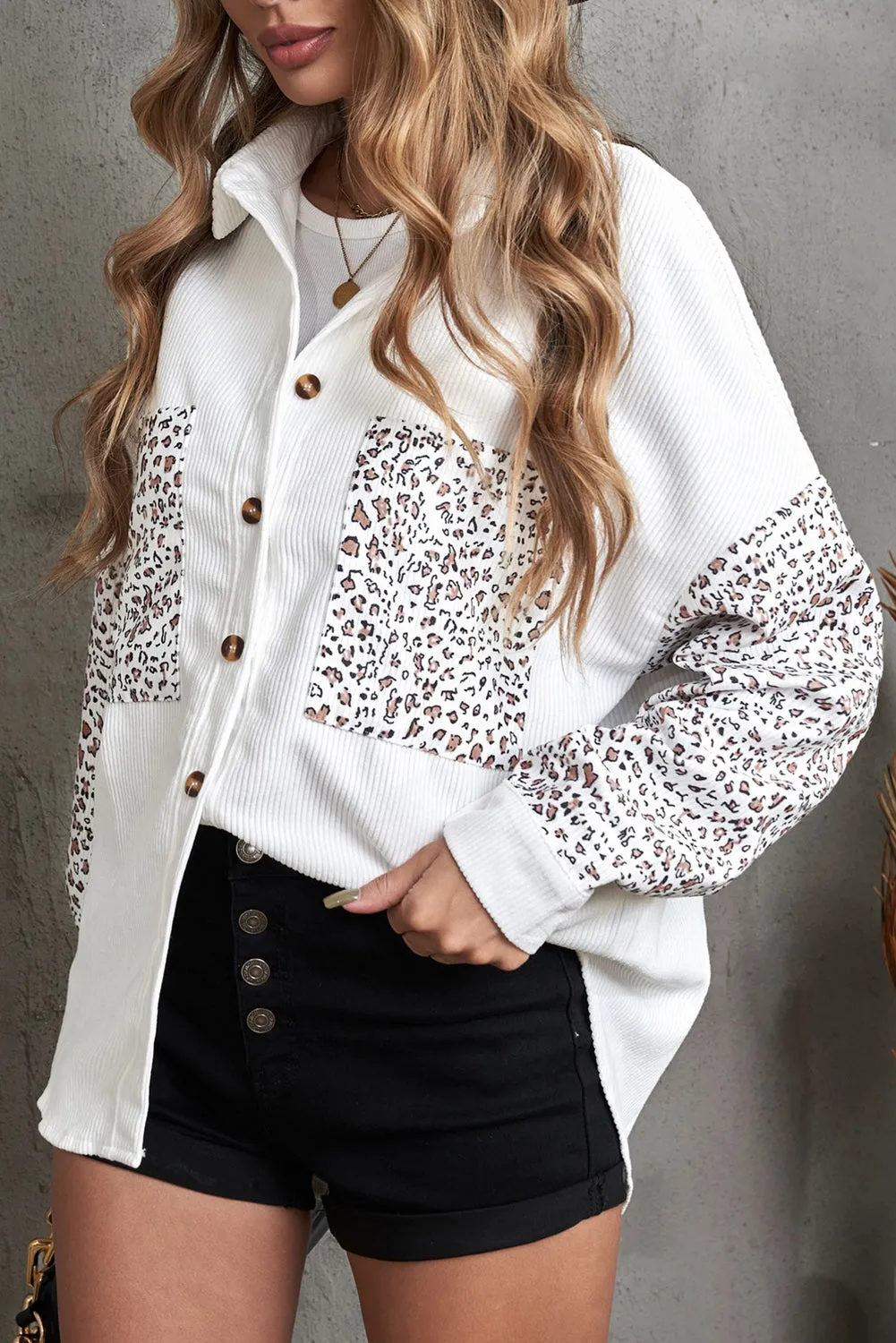 Womens Button Down Corduroy Jacket Leopard Shirt Oversized Blouses Tops