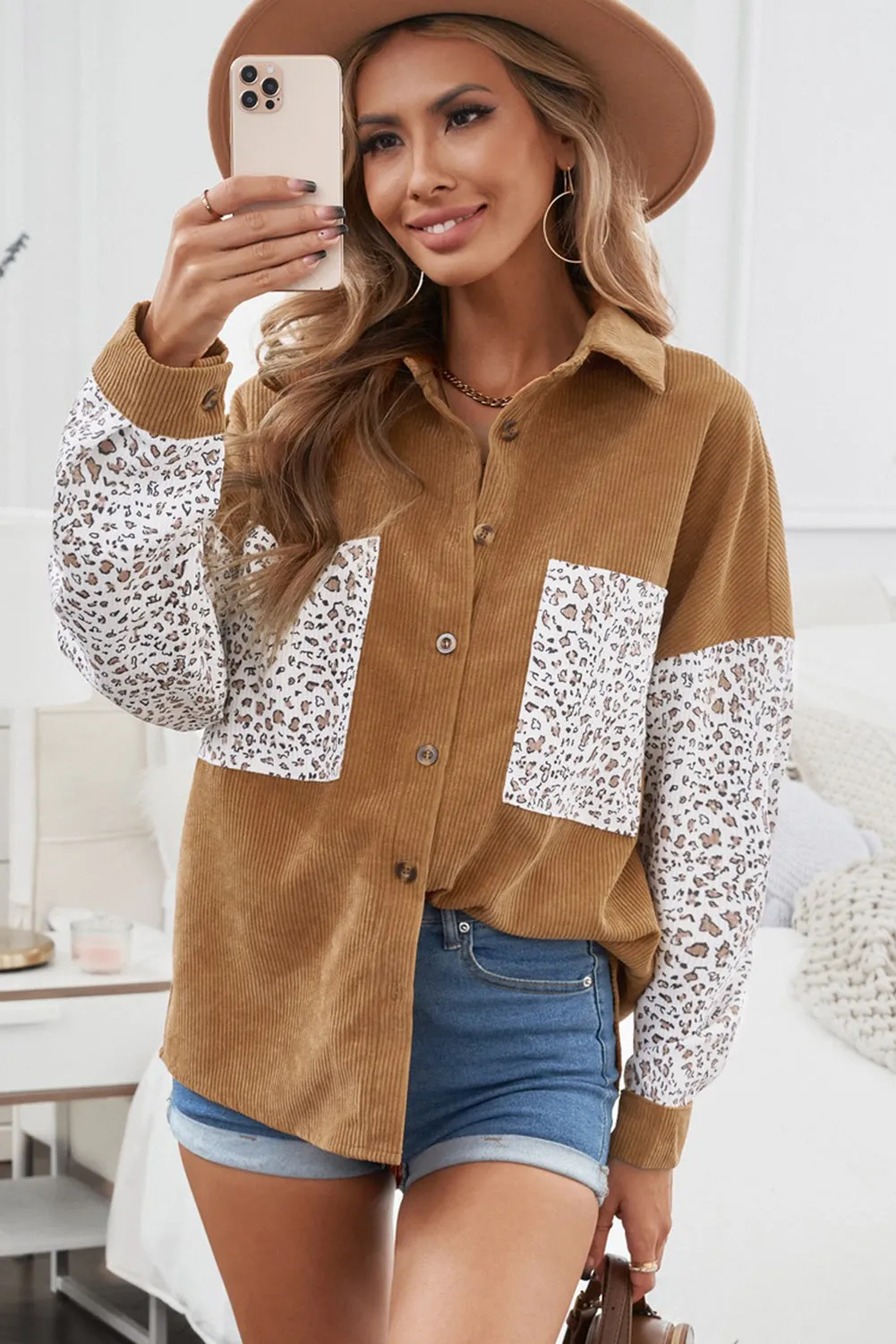 Womens Button Down Corduroy Jacket Leopard Shirt Oversized Blouses Tops