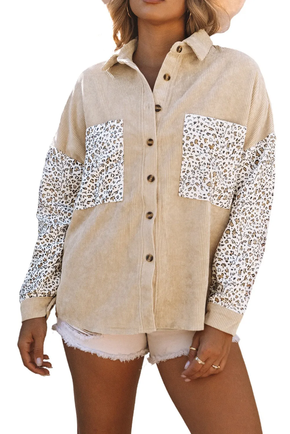 Womens Button Down Corduroy Jacket Leopard Shirt Oversized Blouses Tops