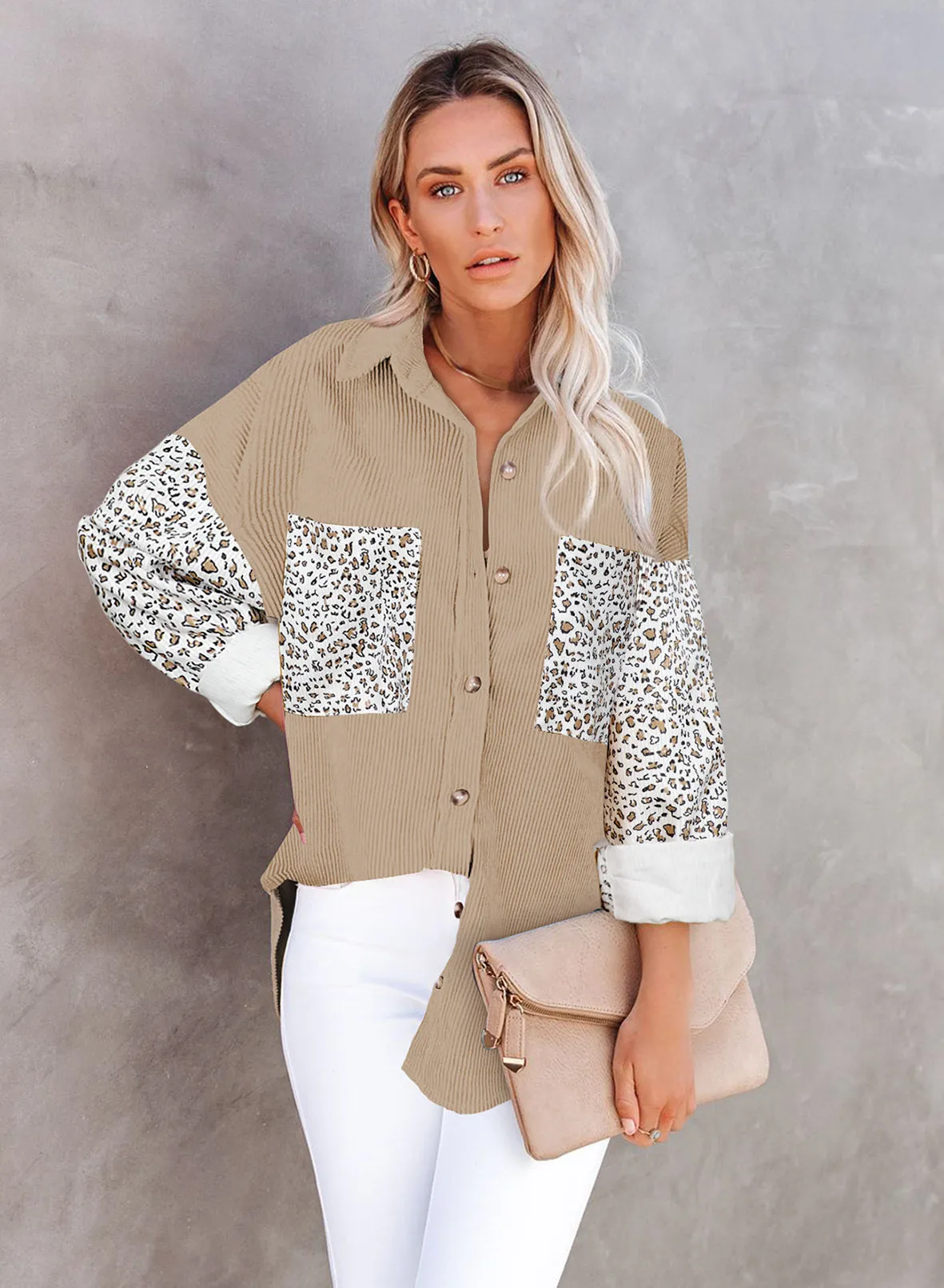 Womens Button Down Corduroy Jacket Leopard Shirt Oversized Blouses Tops