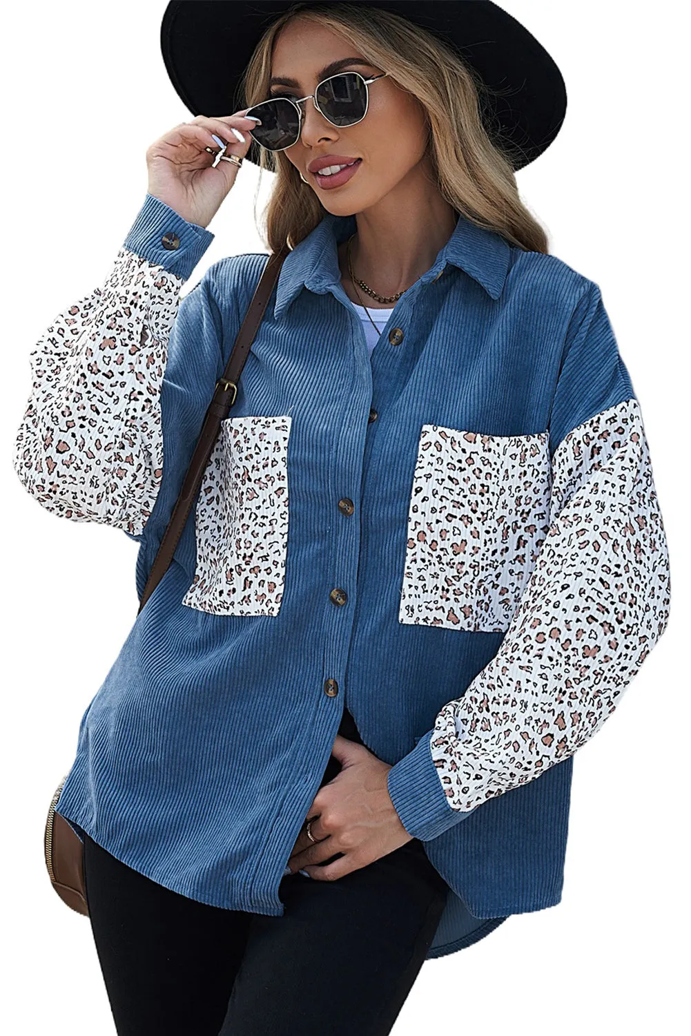 Womens Button Down Corduroy Jacket Leopard Shirt Oversized Blouses Tops