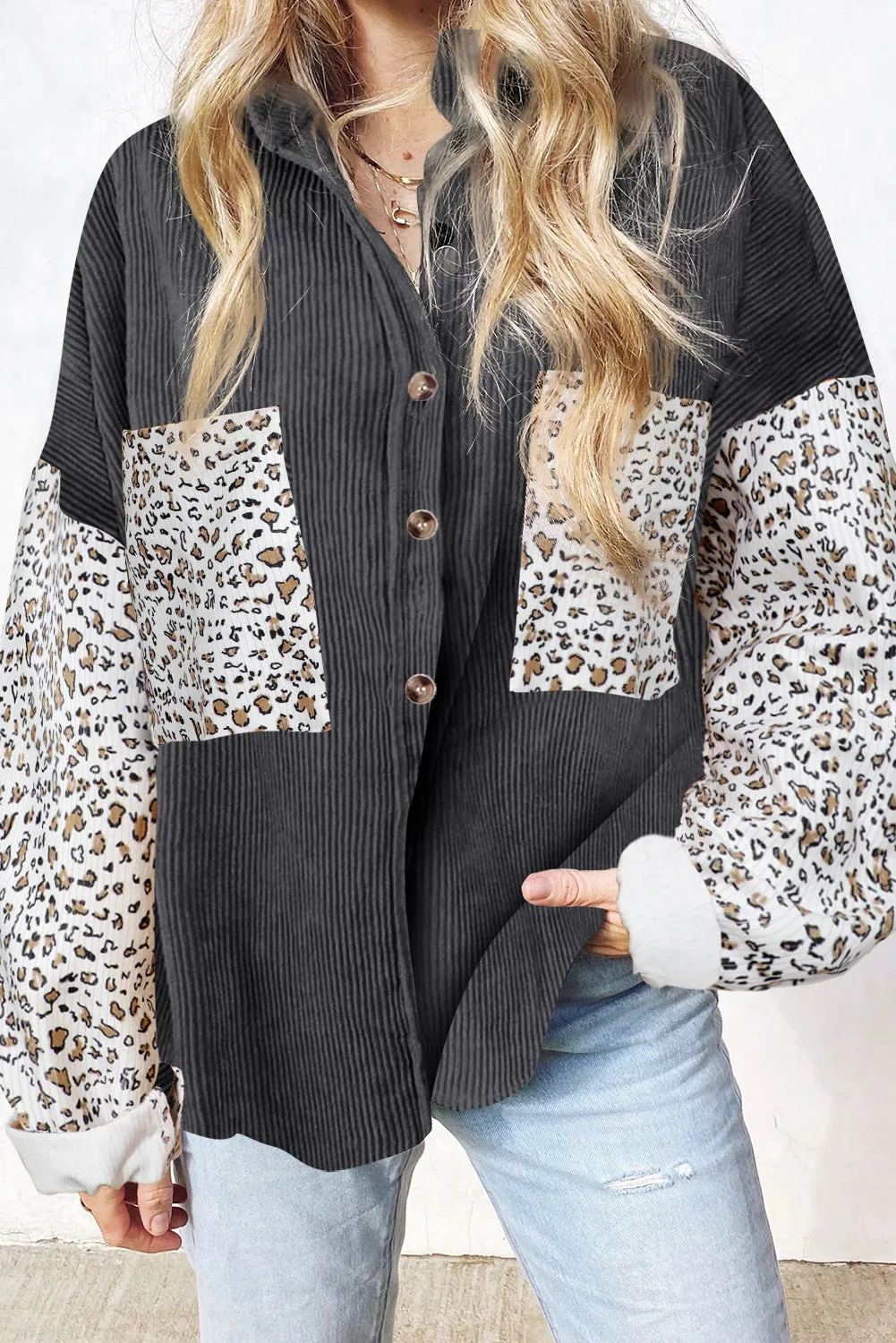 Womens Button Down Corduroy Jacket Leopard Shirt Oversized Blouses Tops