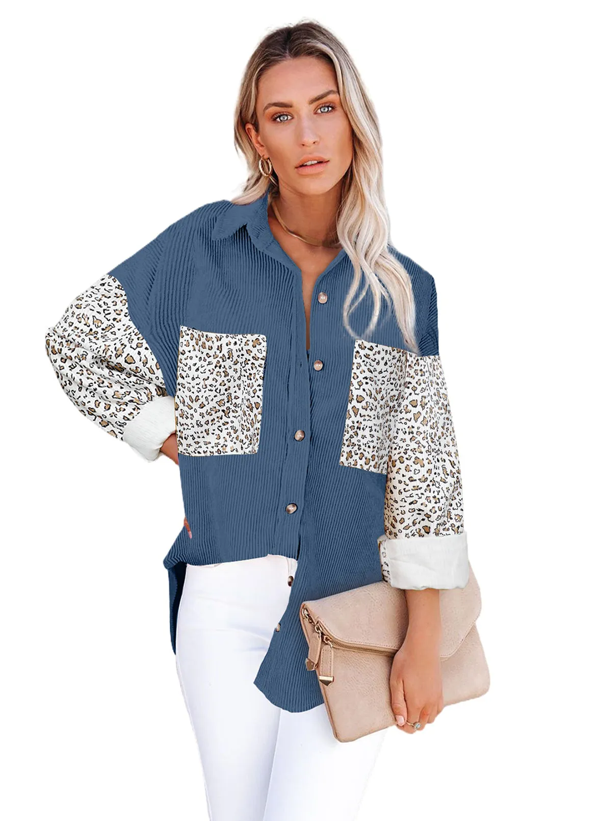 Womens Button Down Corduroy Jacket Leopard Shirt Oversized Blouses Tops