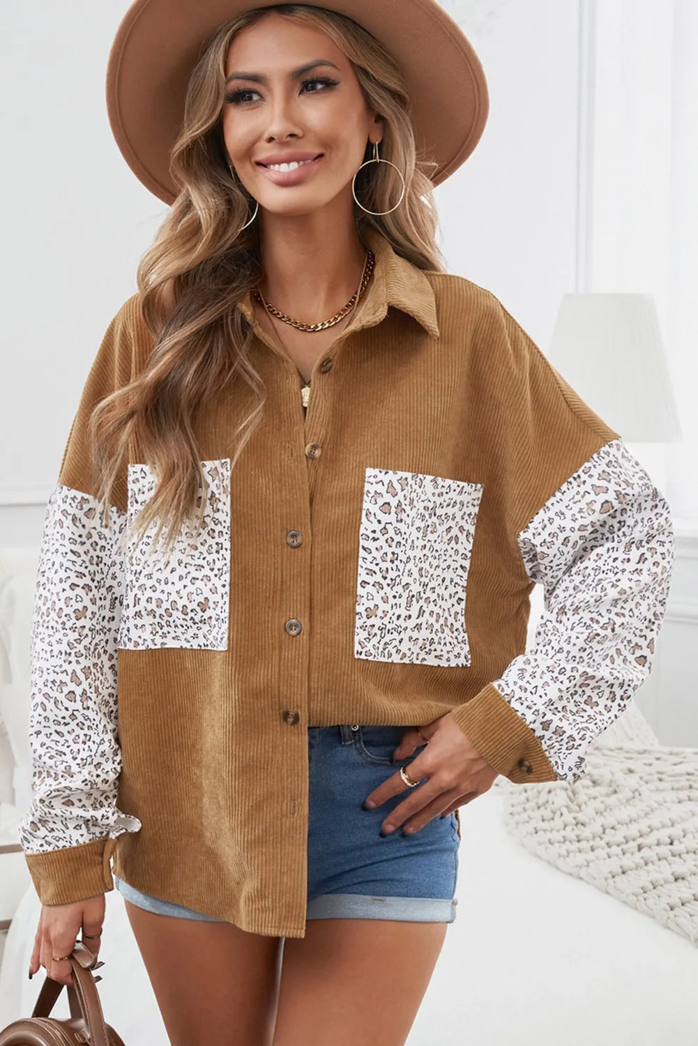 Womens Button Down Corduroy Jacket Leopard Shirt Oversized Blouses Tops