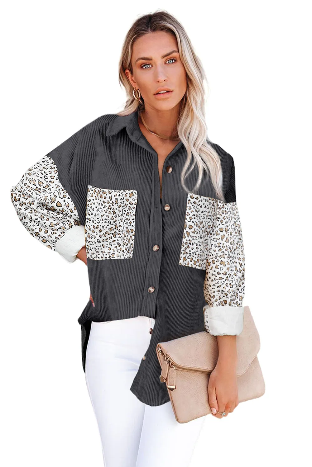 Womens Button Down Corduroy Jacket Leopard Shirt Oversized Blouses Tops