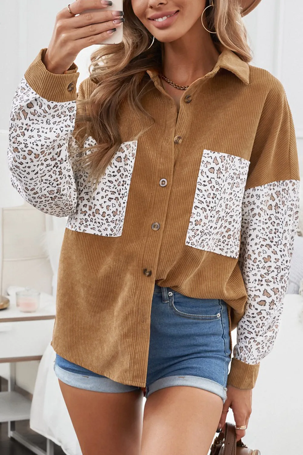 Womens Button Down Corduroy Jacket Leopard Shirt Oversized Blouses Tops