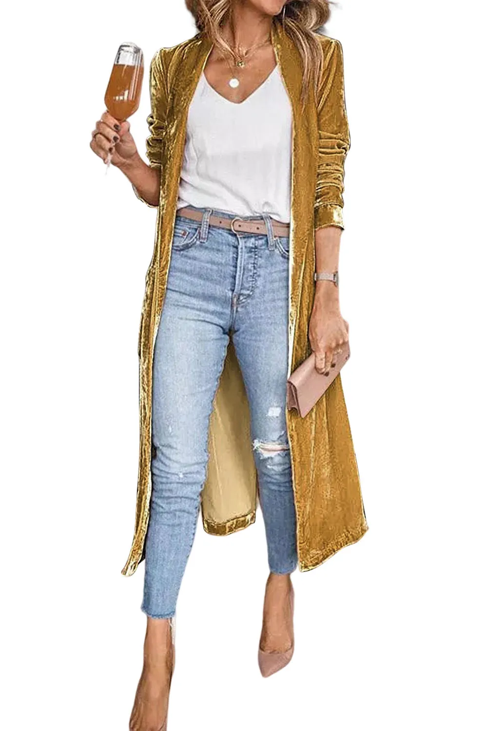 Women's Gold Velvet Open Front Pocketed Long Cardigan