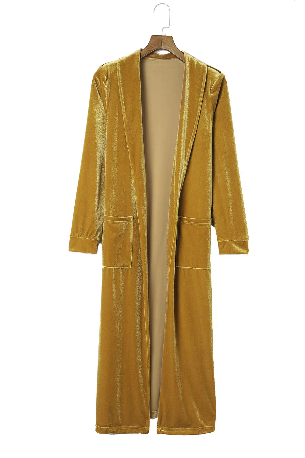 Women's Gold Velvet Open Front Pocketed Long Cardigan