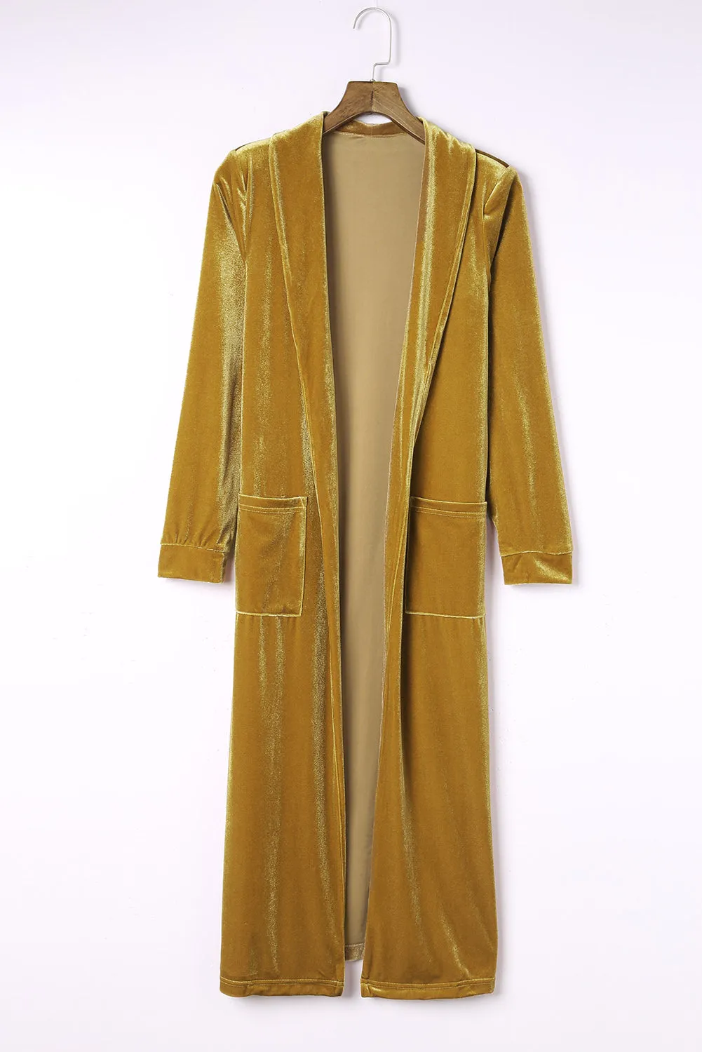 Women's Gold Velvet Open Front Pocketed Long Cardigan