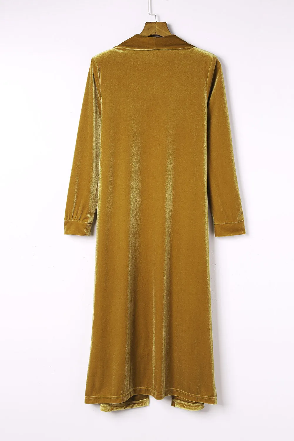 Women's Gold Velvet Open Front Pocketed Long Cardigan