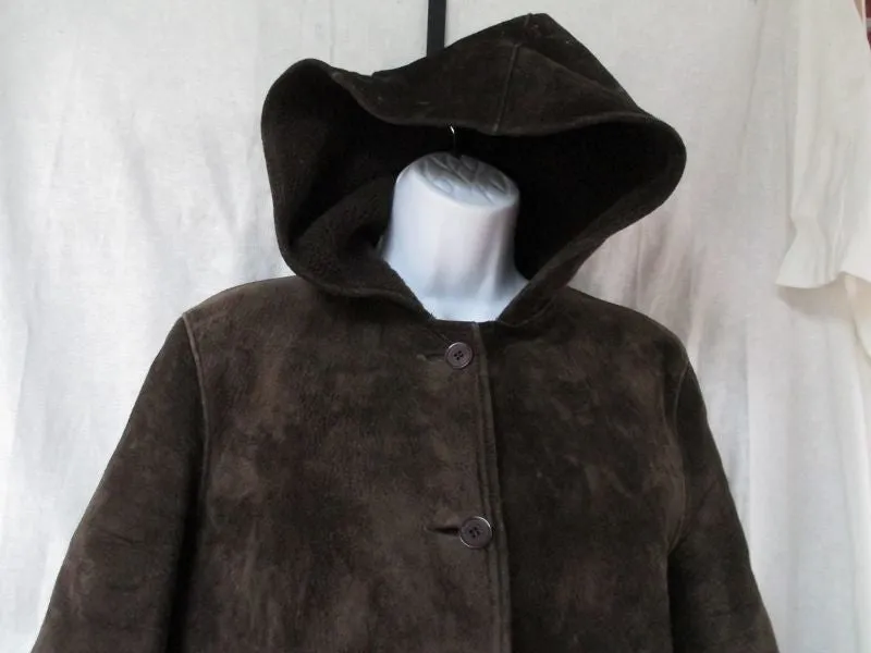 Womens KENNETH COLE REACTION Hood SUEDE long maxi jacket coat parka BROWN M